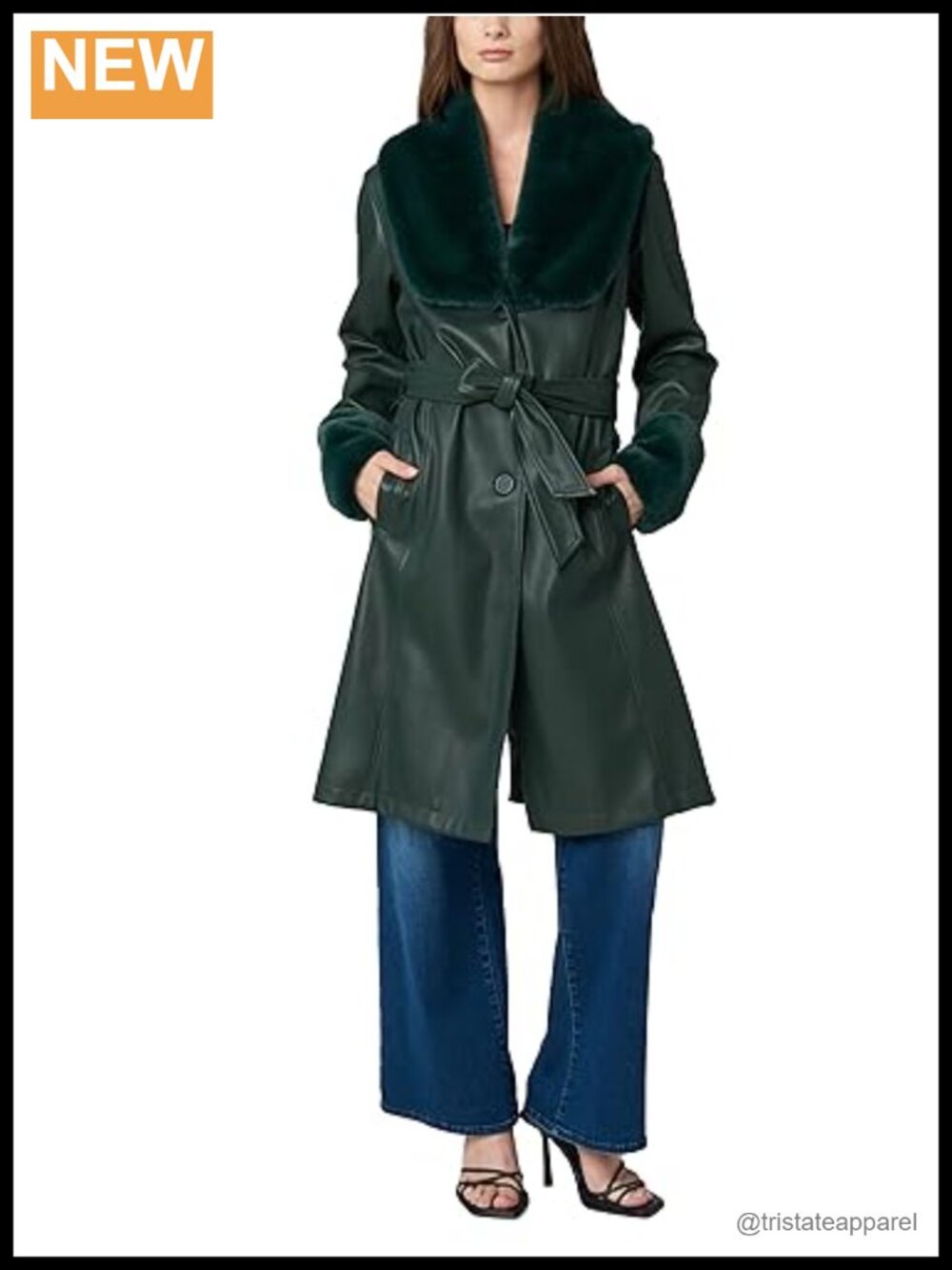 Vegan Leather Trench Coat with Faux Fur Shawl Collar & Cuffs